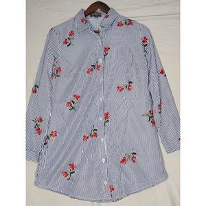 J. Gee Blue and White Striped Button Down Shirt  with Embroidered Flowers Sz Med